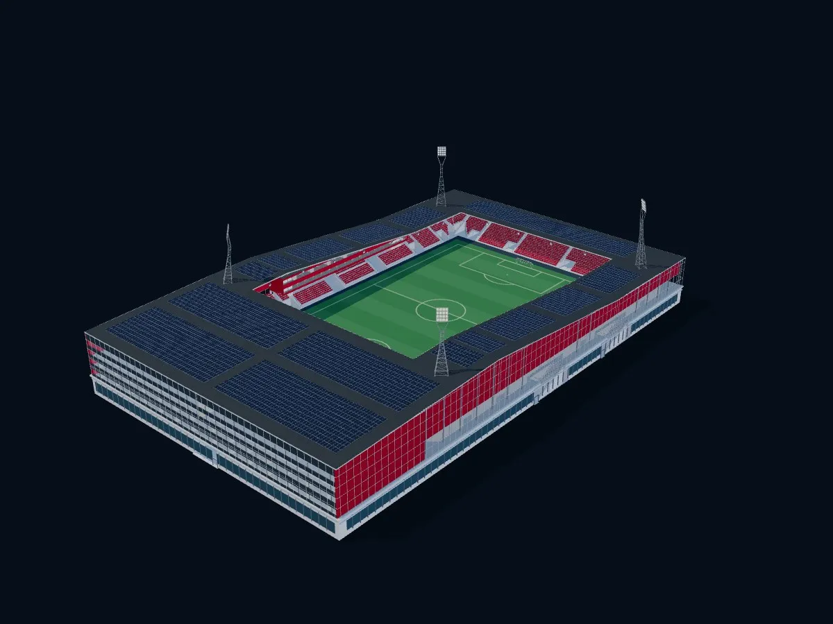Vue aérienne de la maquette de la Maladière, ses tribunes rouges et sa pelouse.