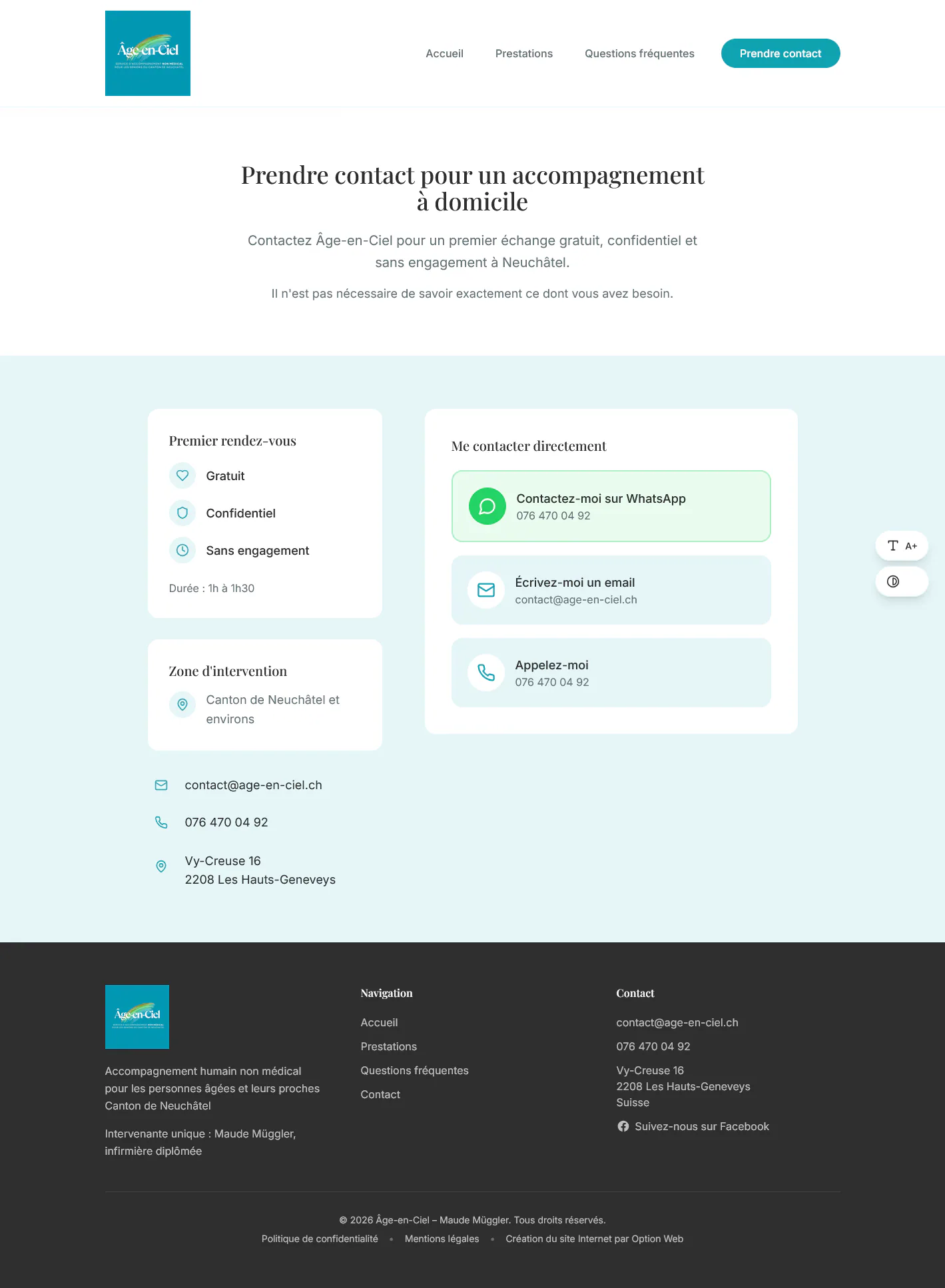 Page de contact d’Âge-en-Ciel : premier rendez-vous, téléphone, e-mail et WhatsApp.