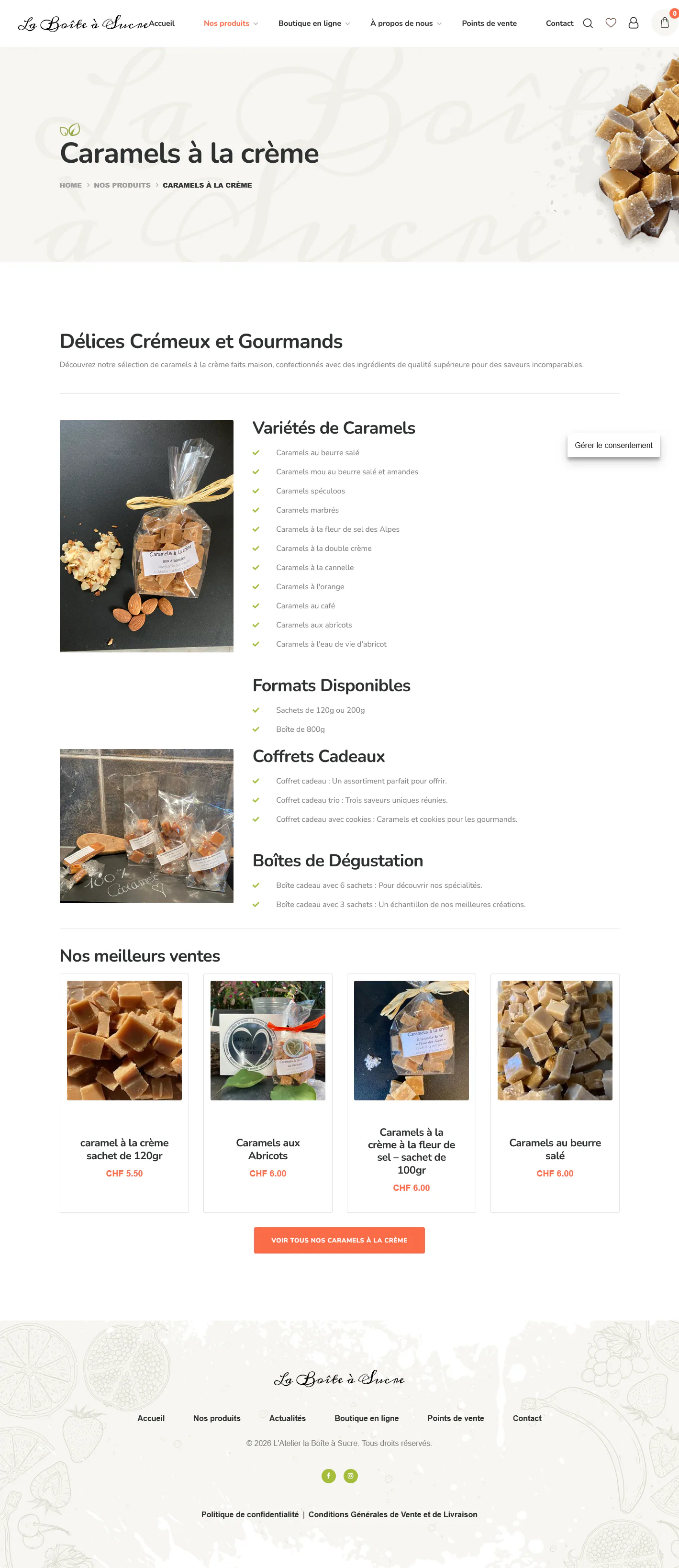 Présentation des caramels à la crème et de leurs variétés sur le site de L’Atelier La Boîte à Sucre.