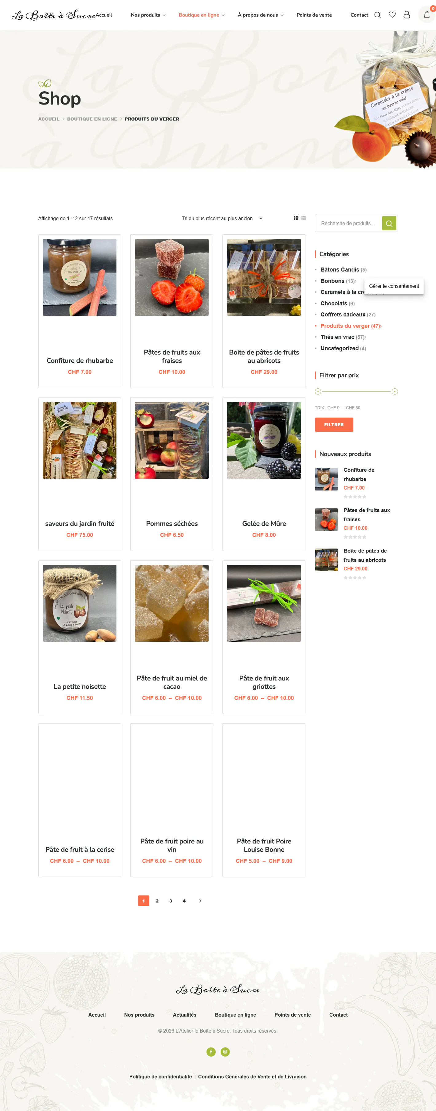 Catalogue des produits du verger dans la boutique de L’Atelier La Boîte à Sucre.