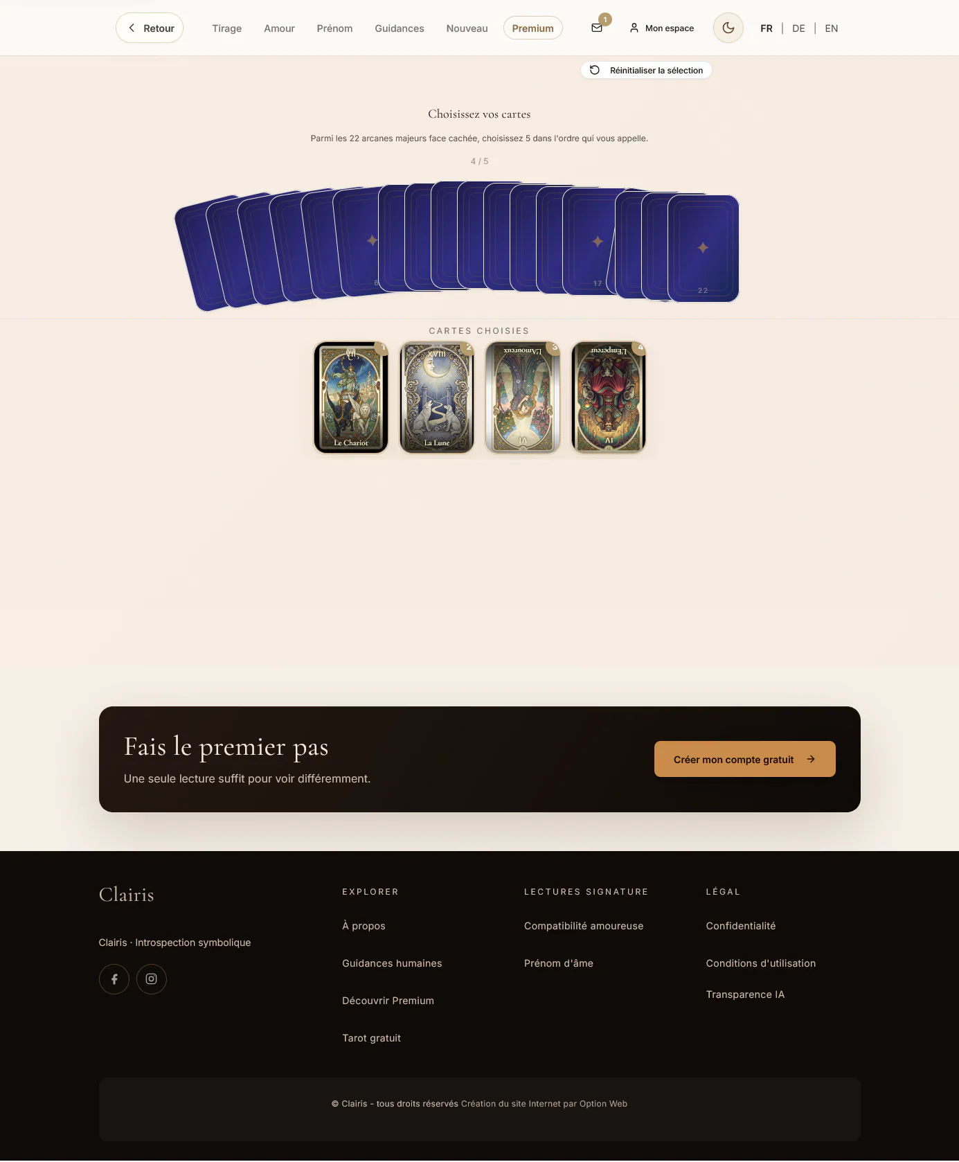 Interface de sélection des cartes dans un tirage Clairis.