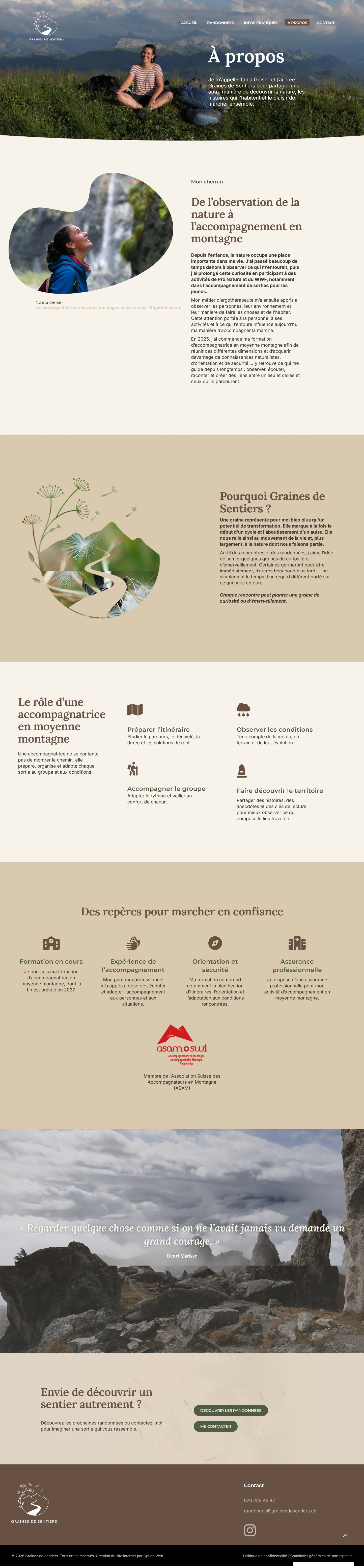 À propos — parcours, philosophie et repères professionnels. Capture complète de Graines de Sentiers.