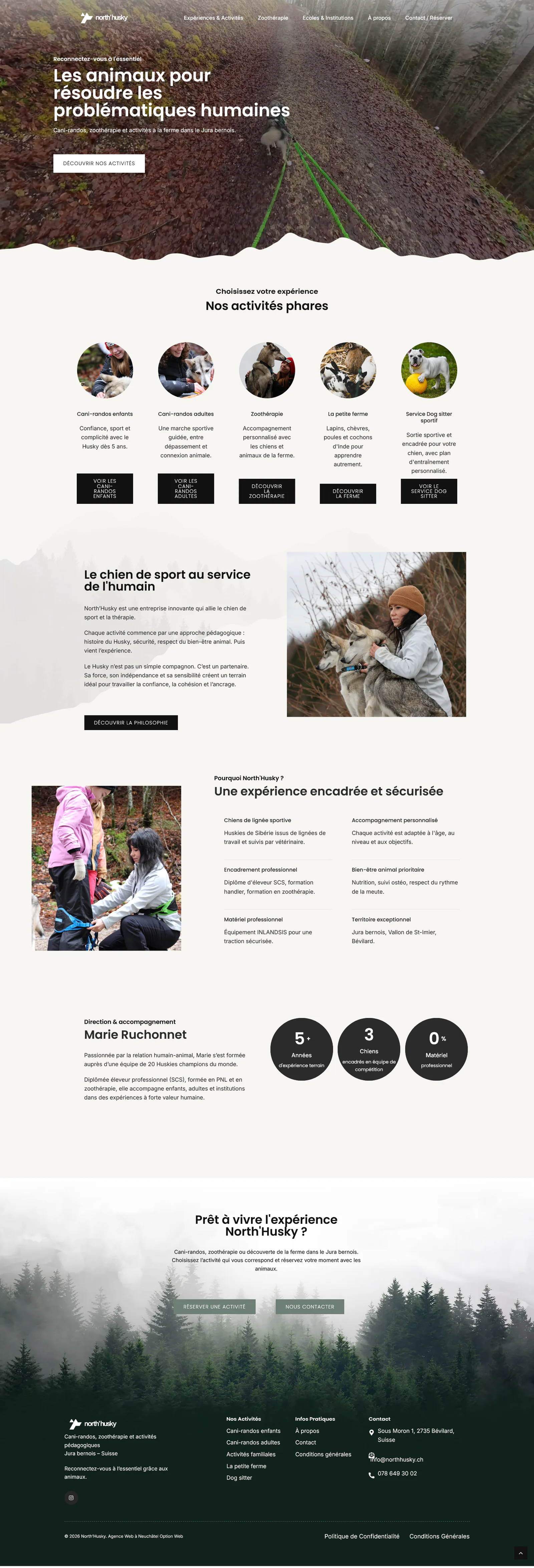 Accueil de North’Husky présentant les activités avec les animaux.