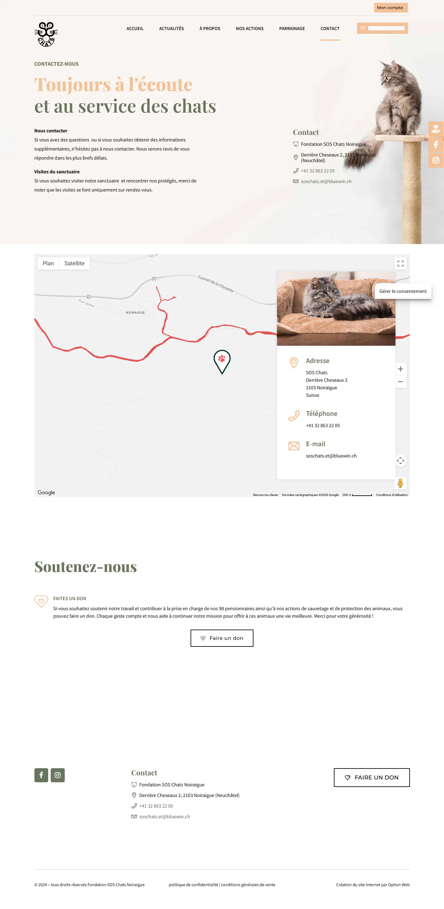 Page de contact et carte d’accès de la Fondation SOS Chats Noiraigue.