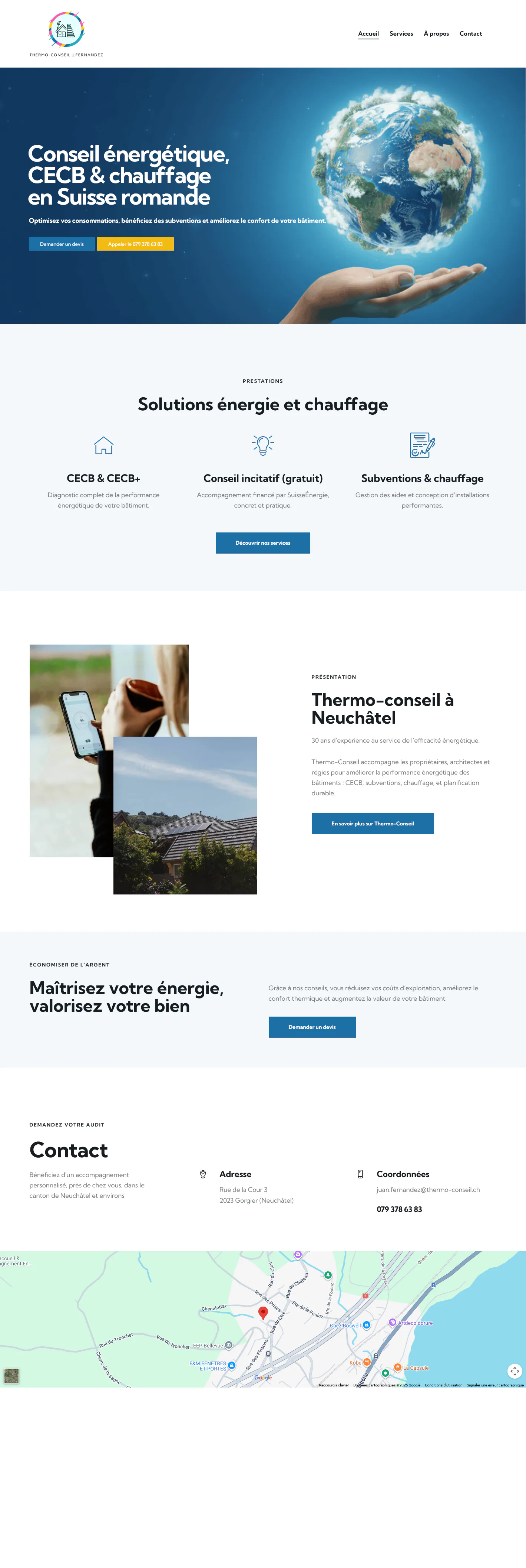 Accueil de Thermo-Conseil présentant le conseil énergétique, le CECB et le chauffage.