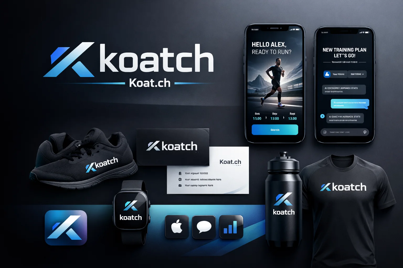 Moodboard Koatch avec logo, application mobile, chaussures, montre, carte, gourde et t-shirt