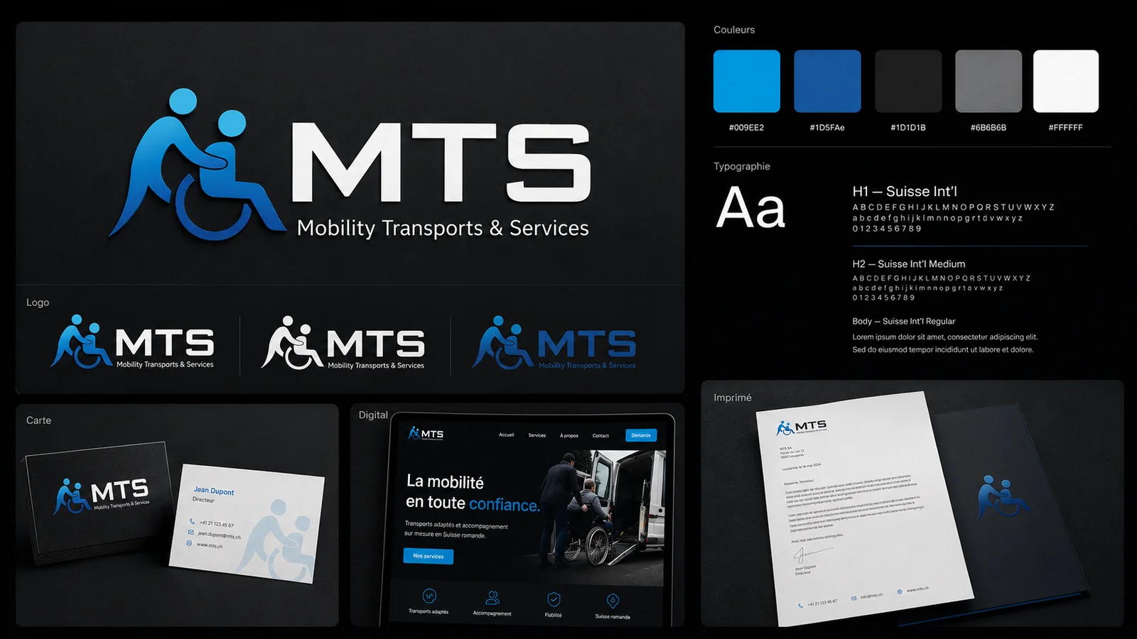 Moodboard d’identité visuelle avec logo, palette, typographies, supports imprimés et site web